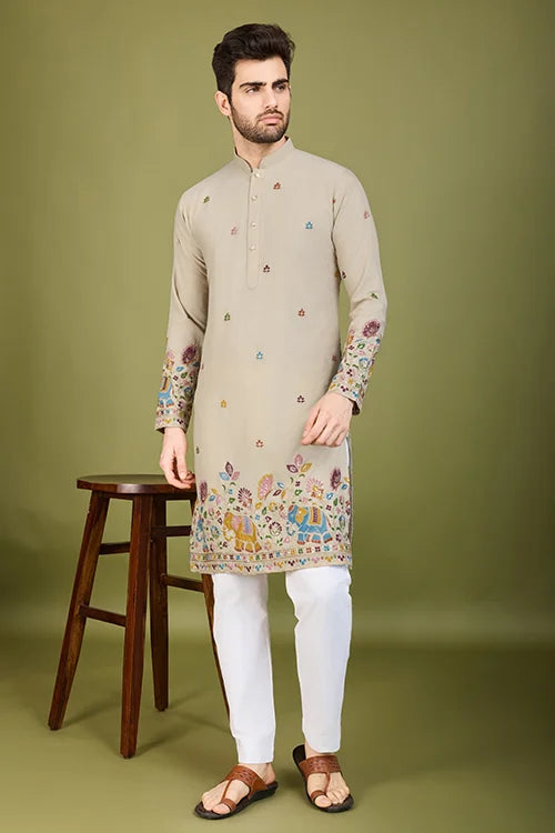 Ivery Color Embroidered Work Cotton Kurta for Men