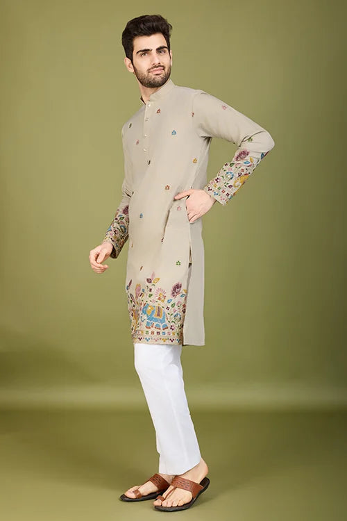 Ivery Color Embroidered Work Cotton Kurta for Men