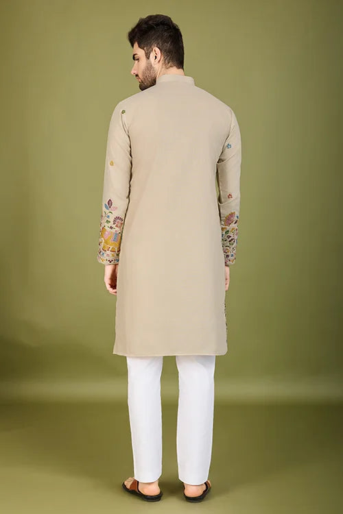 Ivery Color Embroidered Work Cotton Kurta for Men