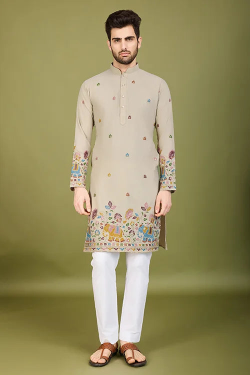 Ivery Color Embroidered Work Cotton Kurta for Men