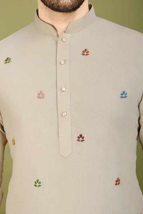 Ivery Color Embroidered Work Cotton Kurta for Men