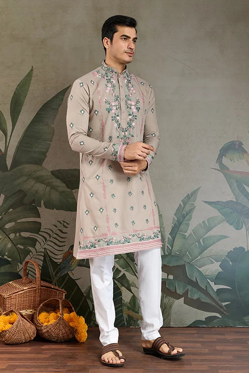 Ivory Color Embroidered Kurta Pajama for Men
