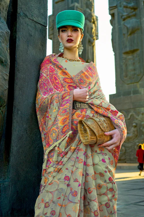 Art Silk Light Pista Saree with Handloom Weaving Work