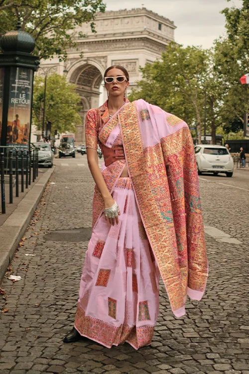 Kashmiri Zari Weaving Satin Silk Saree with Blouse