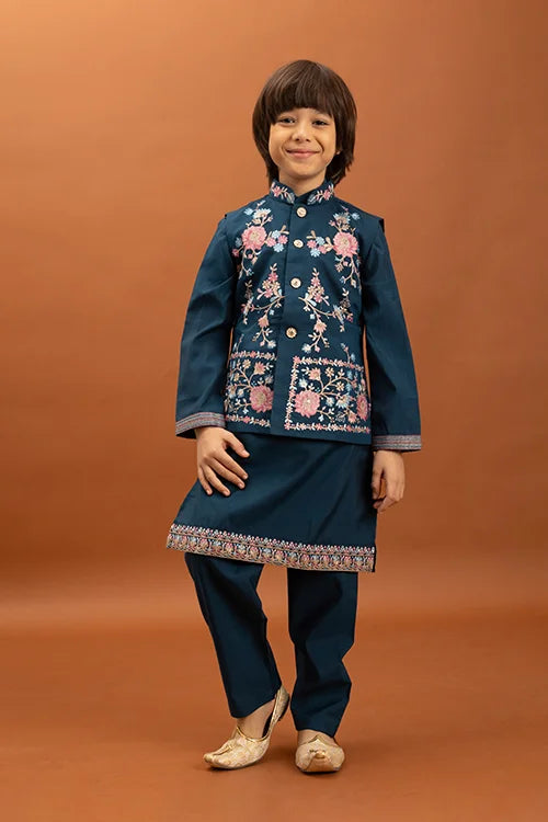 Bottle Green Kids Kurta Pajama with Koti Set