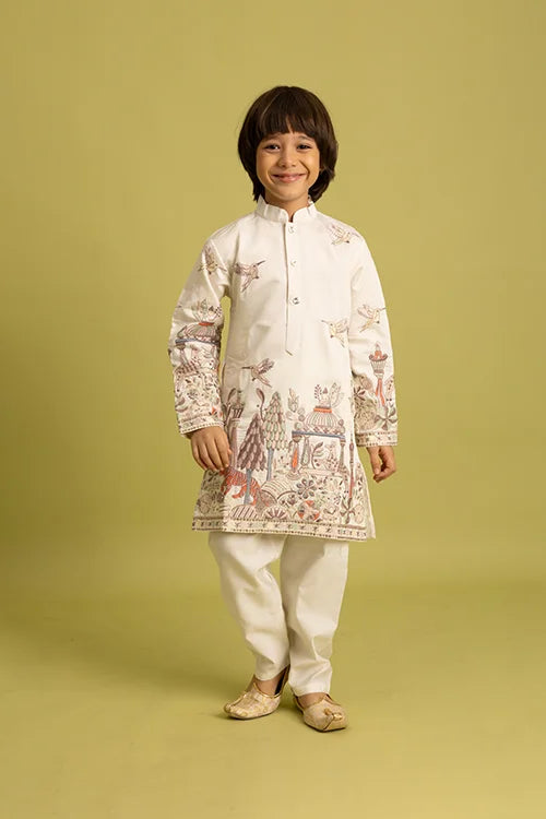 Vantara Designer Kids White Embroidered Kurta
