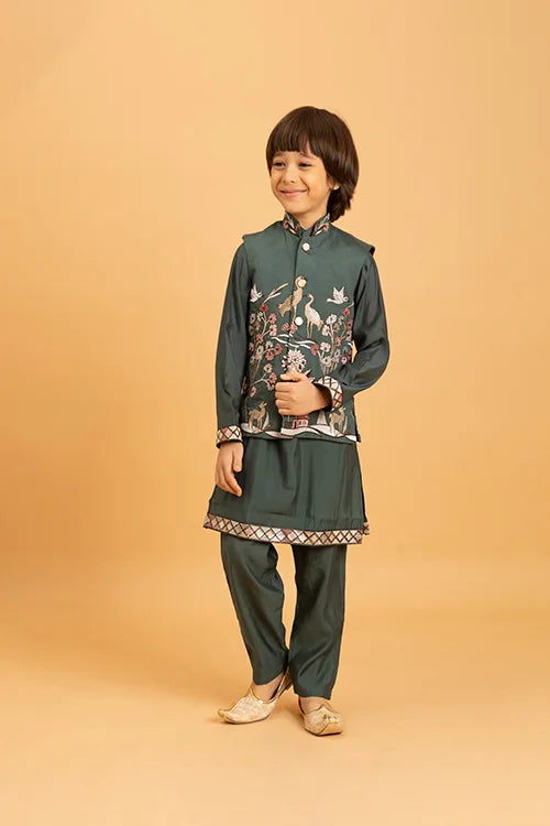 Party & Wedding Special Stylish Green Koti Kurta Set for Kids