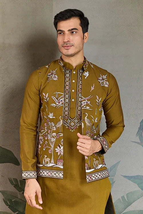 Golden Olive Open Koti Style Kurta Pajama Set for Men