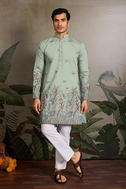 Embroidered Pista Green Wedding Kurta for Mens