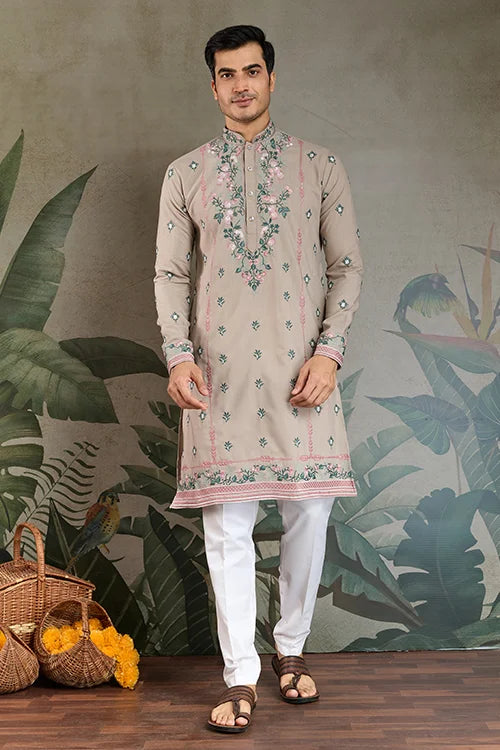 Ivory Color Embroidered Kurta Pajama for Men