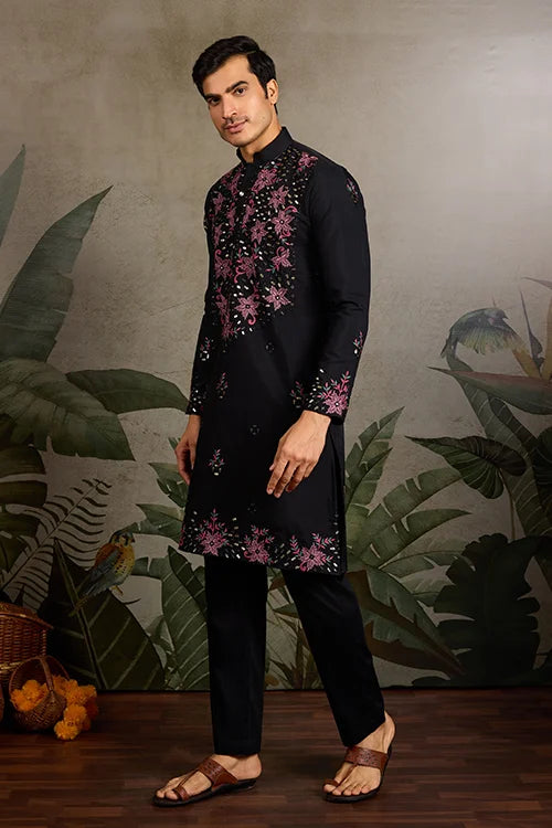Black Mirror Work with Embroidered Kurta Set for Men