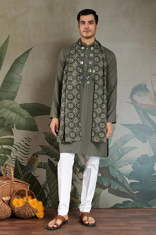 Premium Olive Green Mirror Work Kurta with Dupatta for Occasions