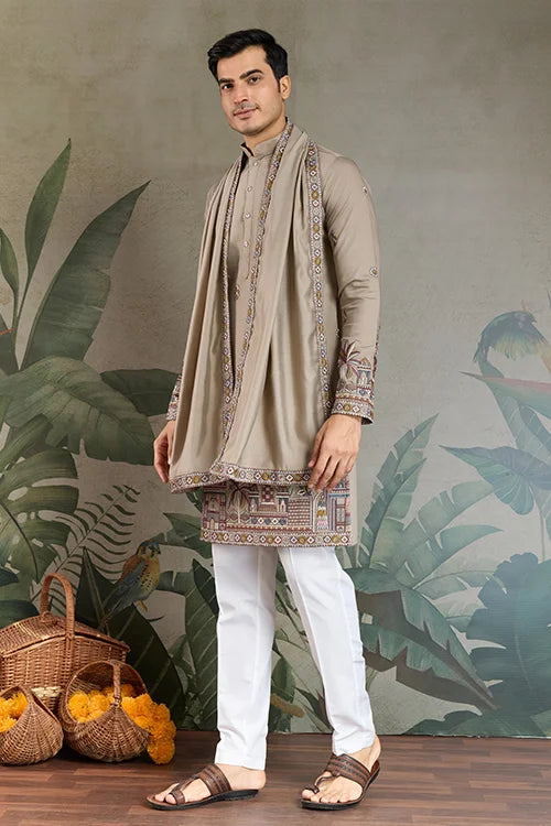 Premium Ivory Color Embroidered Kurta with Pajama Set for Men