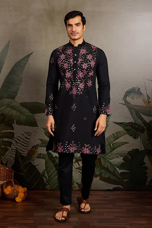 Black Mirror Work with Embroidered Kurta Set for Men