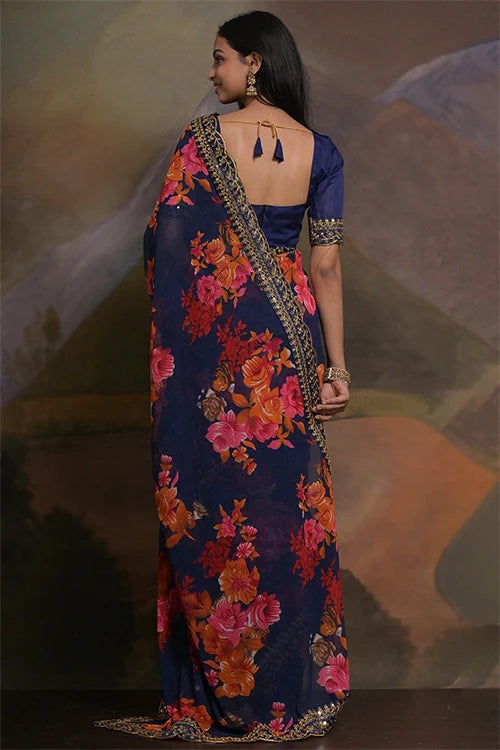 Designer Blue Georgette Saree with Lace Border Work