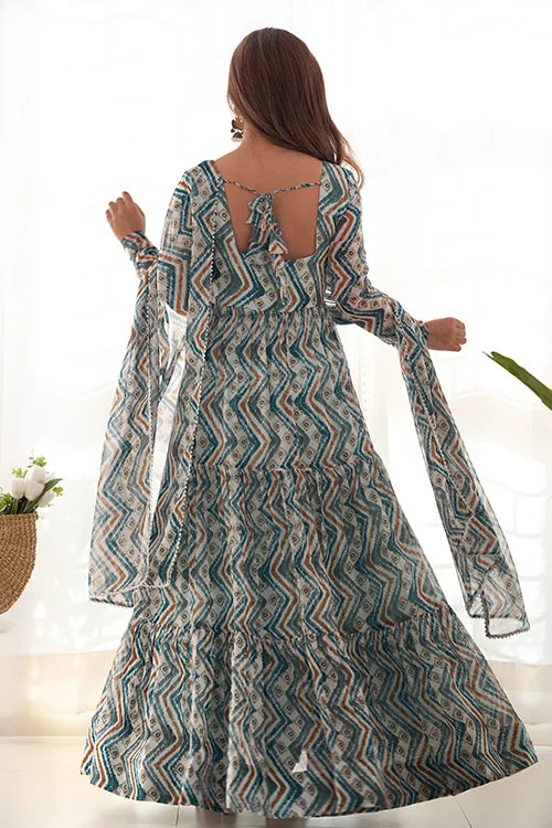 Light Blue Exclusive Gerogette Colorful Zigzag Print Anarkali Gown with Dupatta