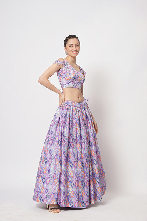Lavender Chinon Silk Print With Sequins Work Lehenga Choli