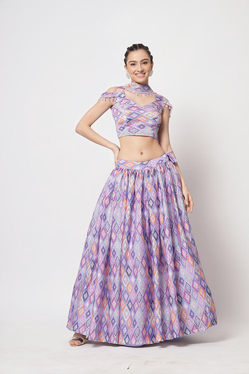 Lavender Chinon Silk Print With Sequins Work Lehenga Choli