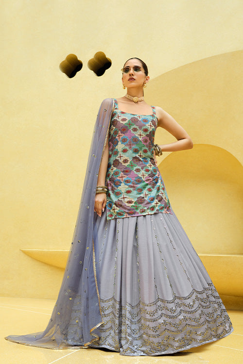 Lavender Chinon Silk Lehenga Choli With Dupatta