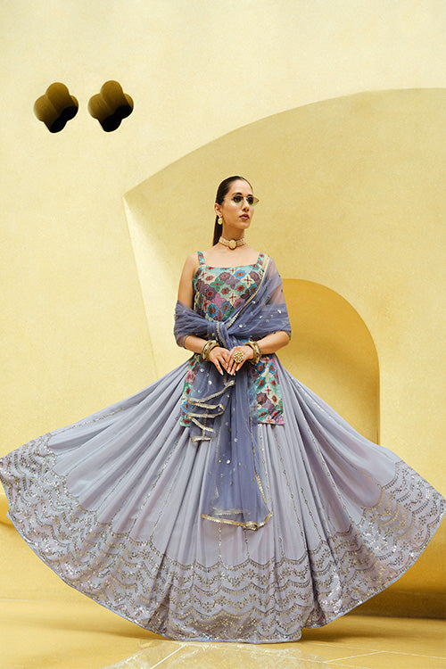 Lavender Chinon Silk Lehenga Choli With Dupatta