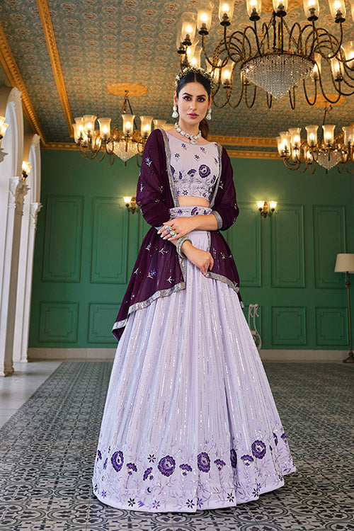 Lavender Thread With Sequins Embroidered Work Lehenga Choli