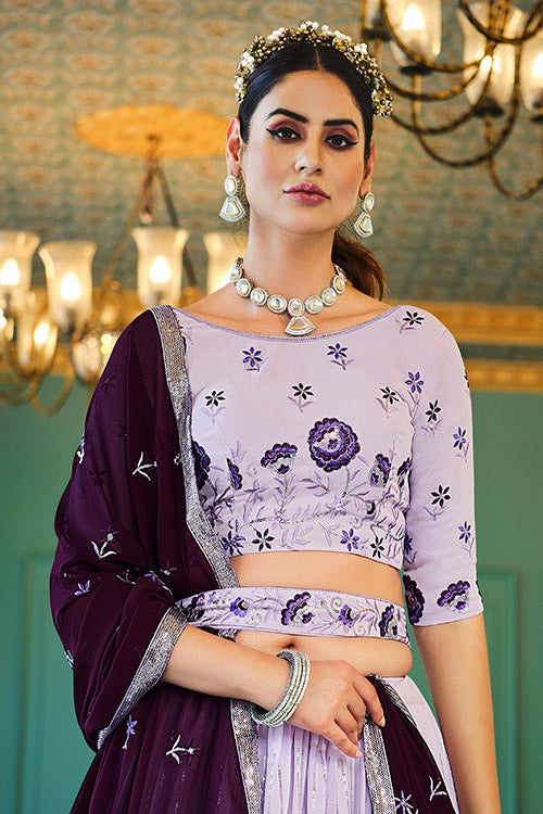 Lavender Thread With Sequins Embroidered Work Lehenga Choli