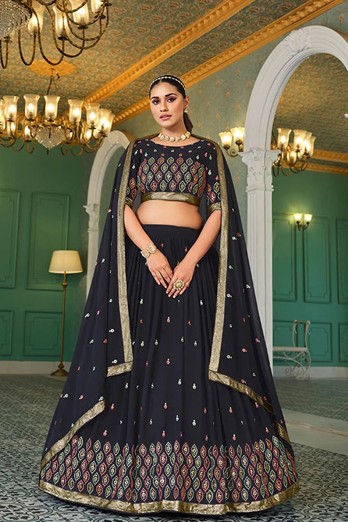 Embroidered Georgette Lehenga In Navy Blue