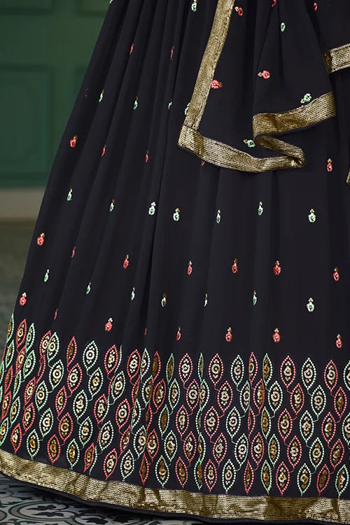 Embroidered Georgette Lehenga In Navy Blue