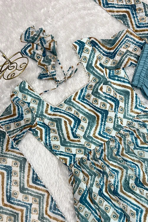 Light Blue Exclusive Gerogette Colorful Zigzag Print Anarkali Gown with Dupatta