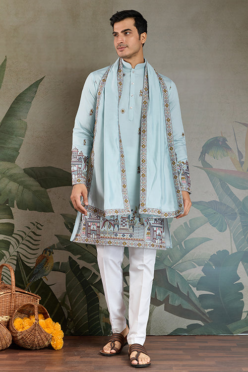 Wedding Special Sky Color Kurta And Dupatta For Men