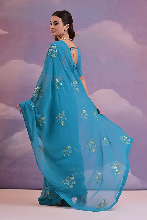 Light Blue Saree with Sequin Flower Embroidery Work