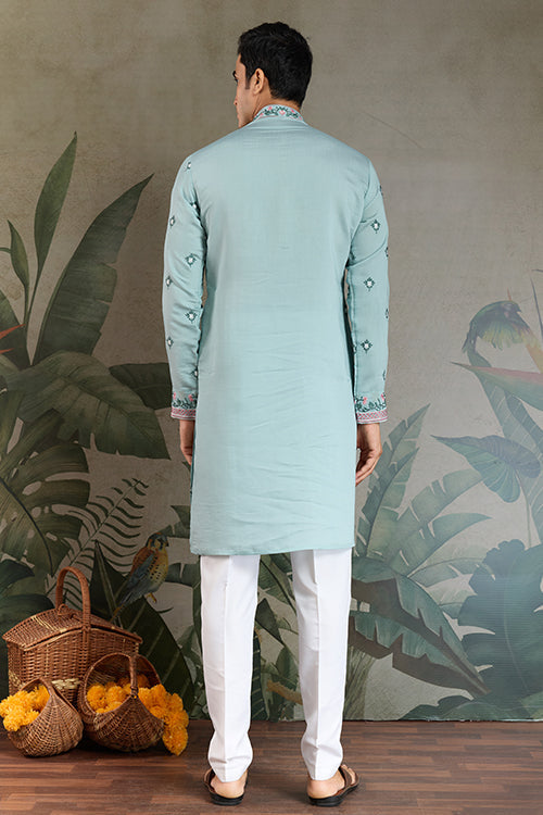 Sky Color Embroidered Kurta Pajama For Men