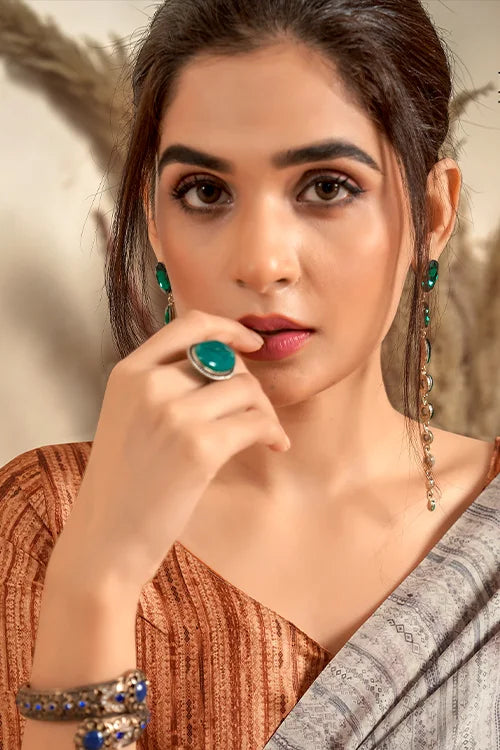 Light Grey Satin Crape Saree – Party Wear Elegance