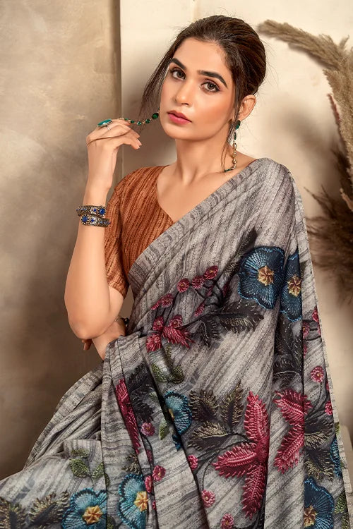 Light Grey Satin Crape Saree – Party Wear Elegance