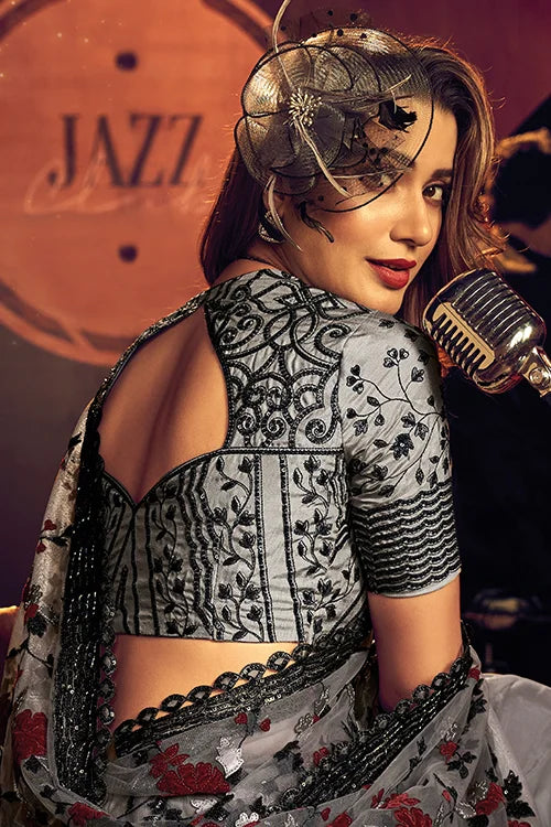 Light Grey Digital Net Party Wear Saree with Designer Blouse