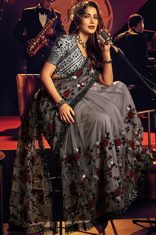 Light Grey Digital Net Party Wear Saree with Designer Blouse