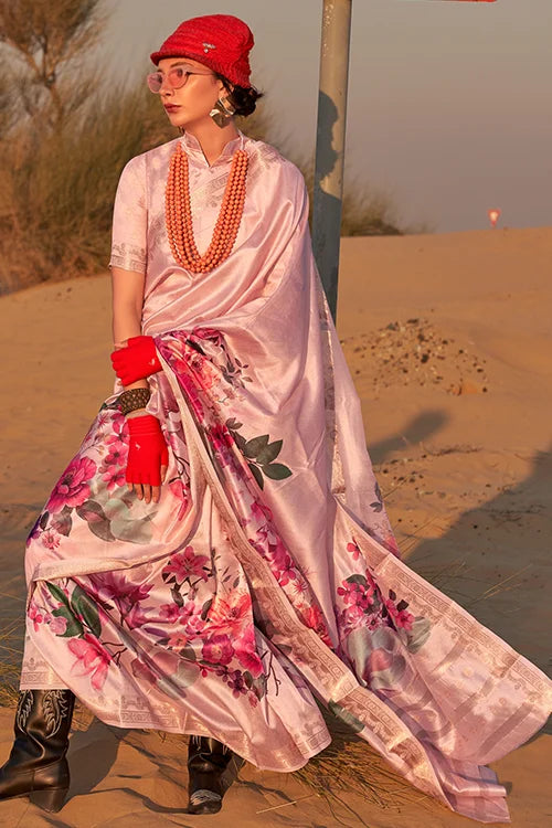 Light Peach Tussar Silk Saree with Unstitched Blouse