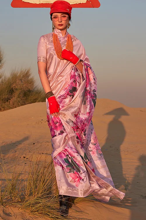 Light Peach Tussar Silk Saree with Unstitched Blouse