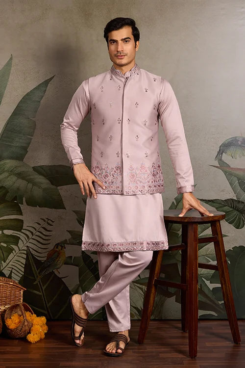 Boutique Style Unique Light Pink Kurta Koti Set for Men