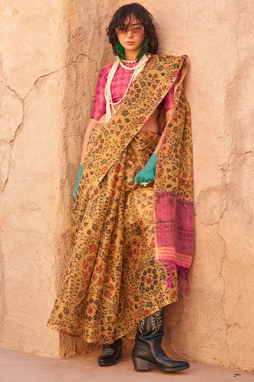 Zari Tissue Yellow Printed Saree With Contrast Pallu Printed Blouse