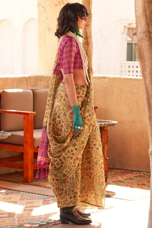 Zari Tissue Yellow Printed Saree With Contrast Pallu Printed Blouse