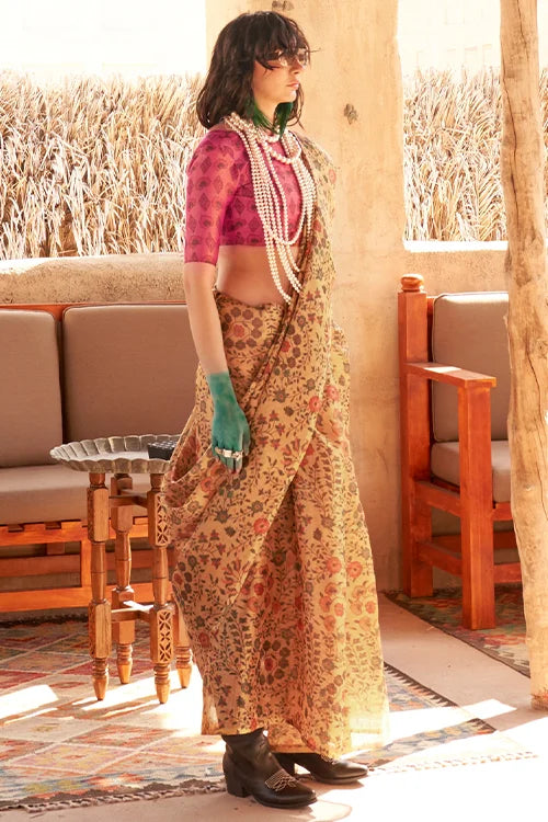 Zari Tissue Yellow Printed Saree With Contrast Pallu Printed Blouse