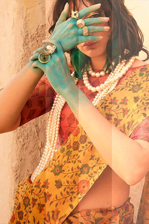 Zari Tissue Yellow Printed Saree With Contrast Pallu Printed Blouse