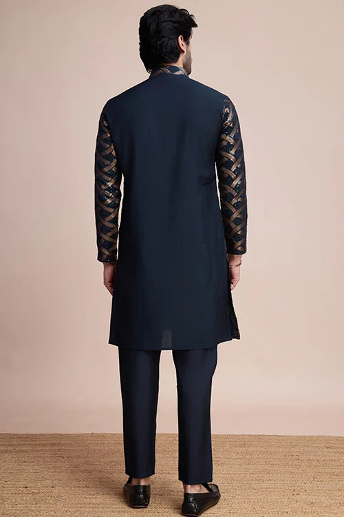 Navy Designer Silk Kurta With Thread Work