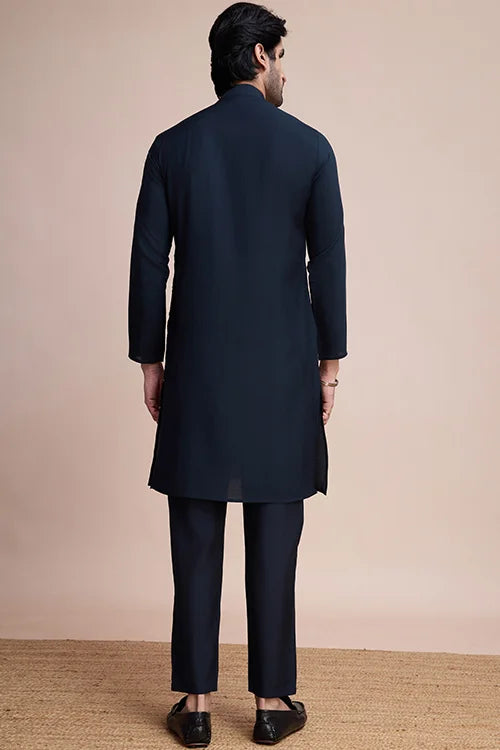 Traditional Embroidered Navy Silk Kurta For Men