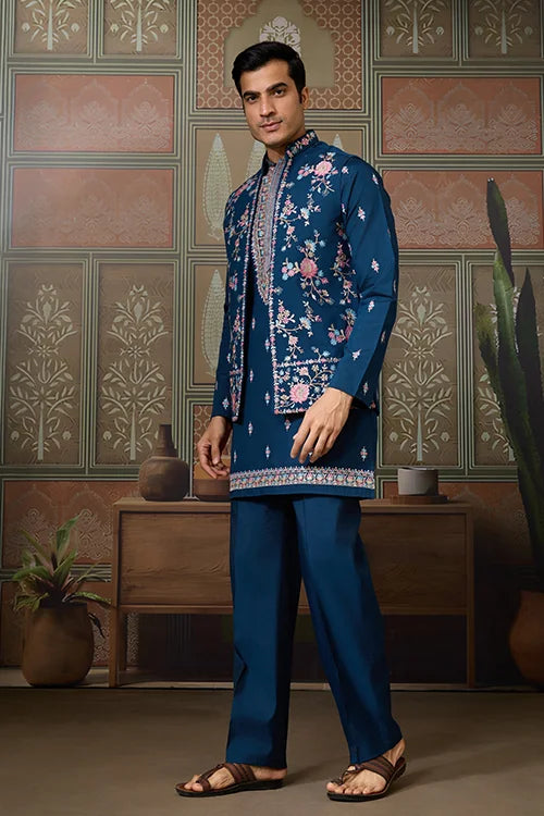 Modern Teal Blue Open Koti Kurta Set for Men
