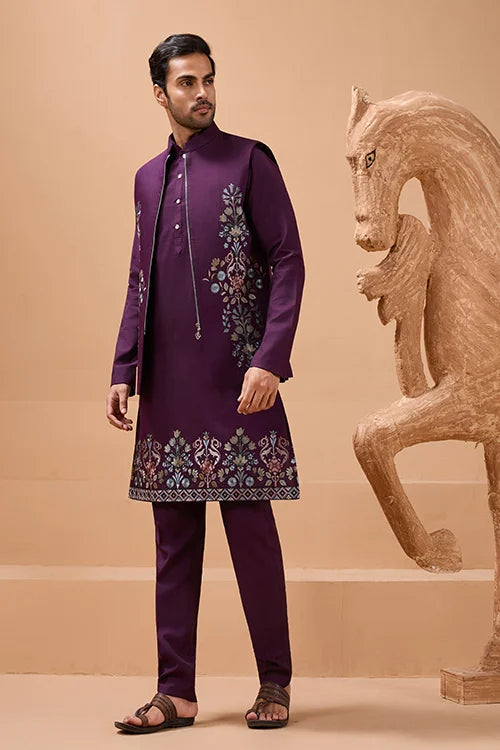 Vibrant Purple Color Koti Kurta Set Pair for Men Collection
