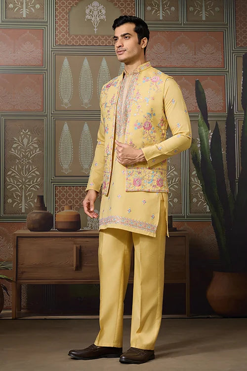 Trending Yellow Haldi Ceremony Koti Kurta for Men