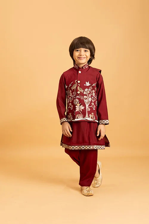 Kids Wedding Special Maroon Koti Kurta Set Outfit