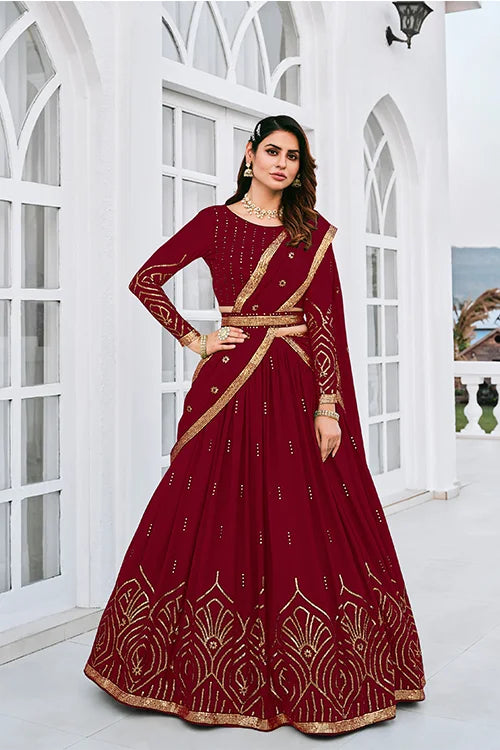 Maroon Georgette Lehenga Choli With Sequins Work